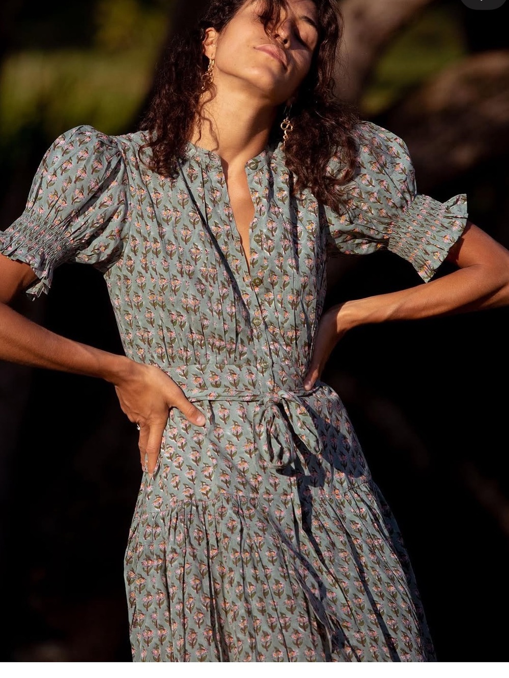 Daughters of India Prairie Dress in Sage Floral Cotton Button Front Sz XS